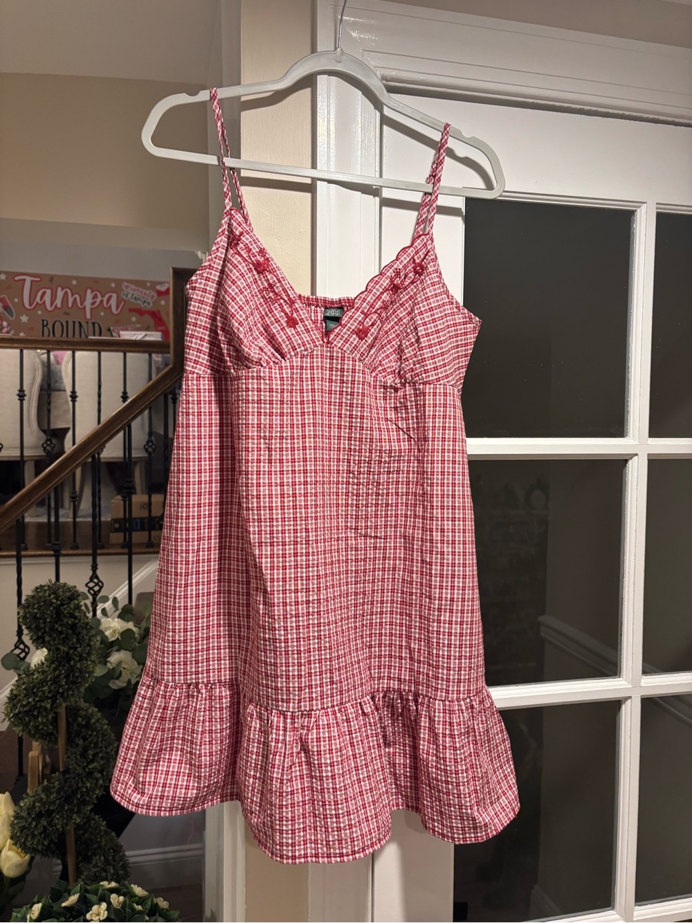 Women's red Check Ruffle-Hem Sundress - Size Large NWOT